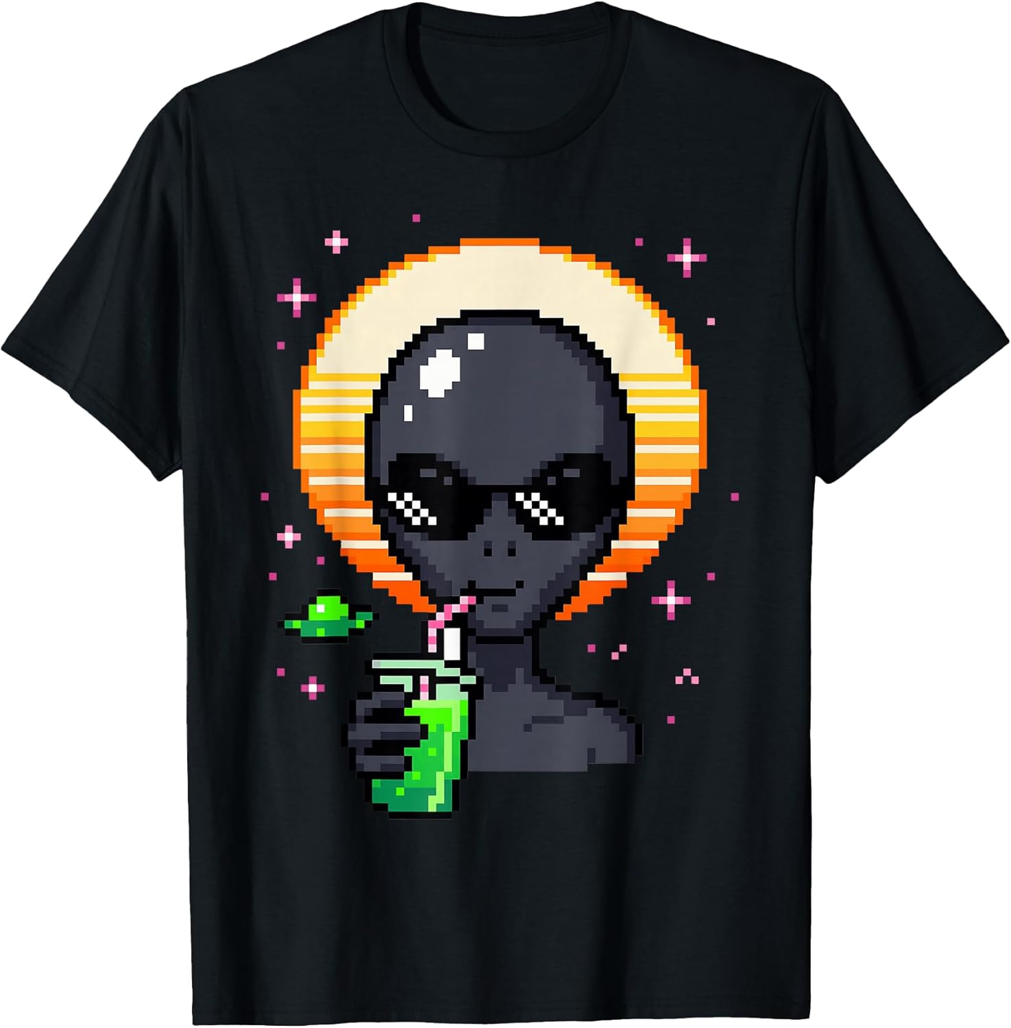 Retro Alien Pixel Art Space Drink Synthwave Sunset Nerd UFO T-Shirt Unisex T-shirt, Sweatshirt, Hoodie, Long Sleeve Tee