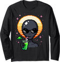 Retro Alien Pixel Art Space Drink Synthwave Sunset Nerd UFO Long Sleeve T-Shirt Unisex T-shirt, Sweatshirt, Hoodie, Long Sleeve Tee