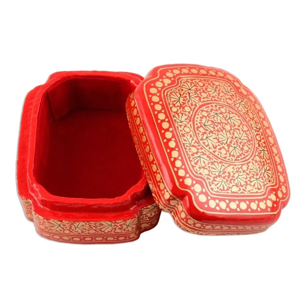 Artisan Crafted Red and Gold Hand Painted Box 'Kashmir Artistry'