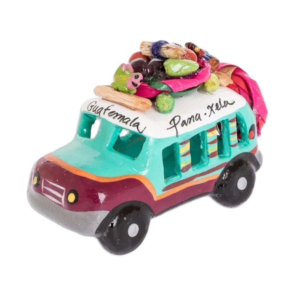 Green and Brown Ceramic Mini Bus Decoration from Guatemala 'Brown and Turquoise Old Tim...'