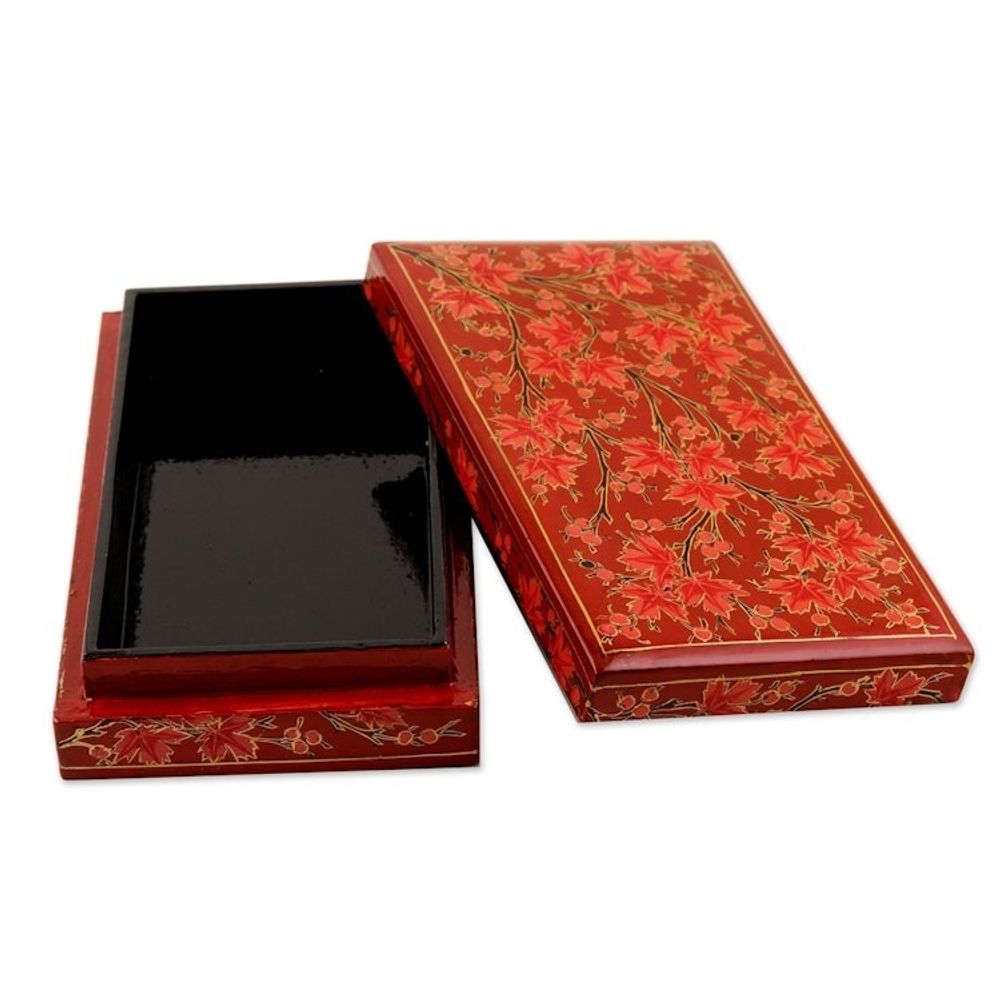 Hand-Painted Decorative Papier Mache Box from India 'Festive Trees in Red'