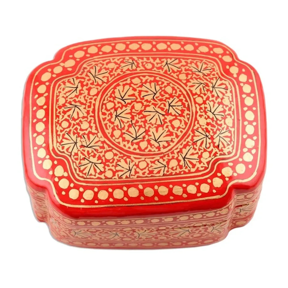 Artisan Crafted Red and Gold Hand Painted Box 'Kashmir Artistry'