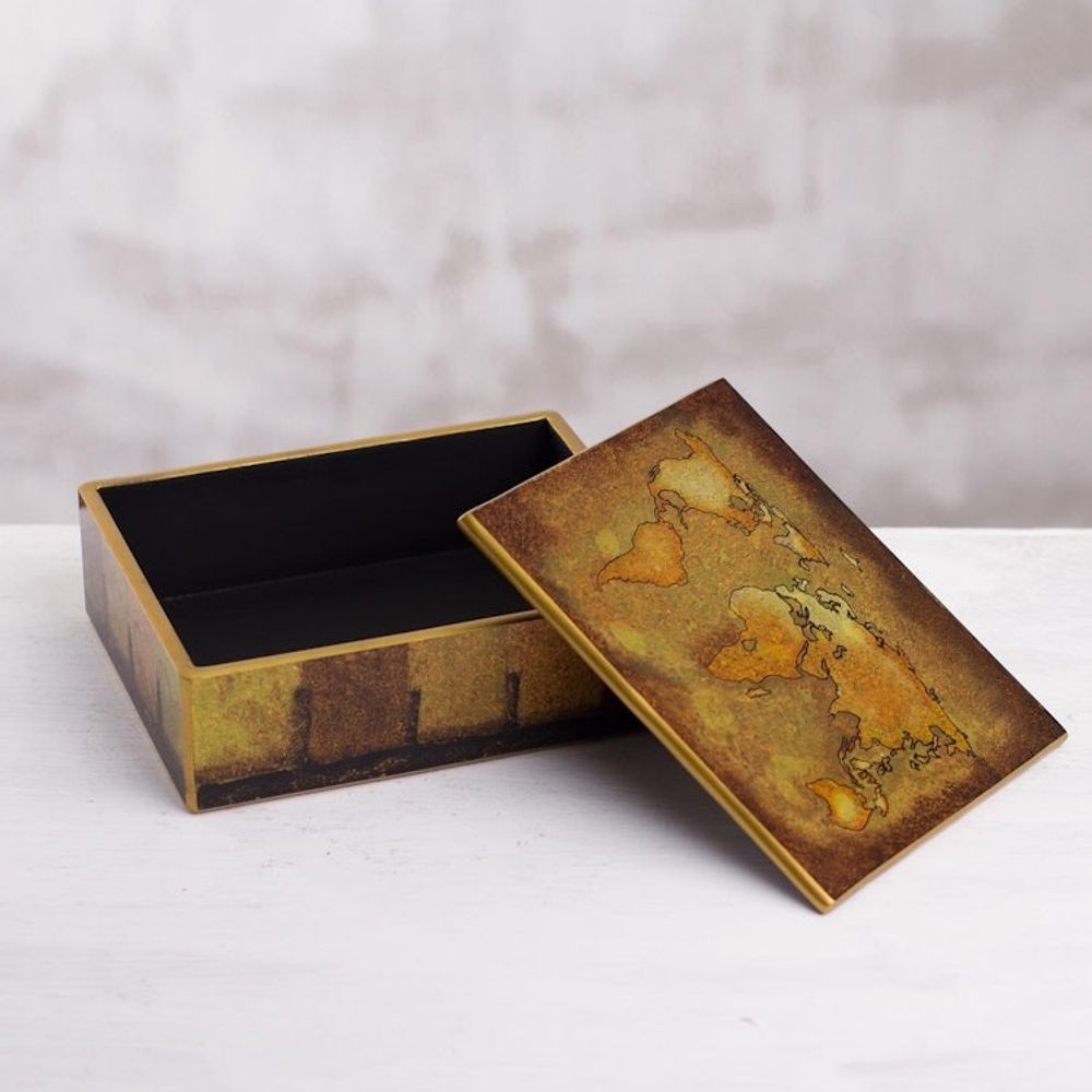 Golden World Map Reverse-Painted Glass Wood Decorative Box 'Cartographer's Treasure'