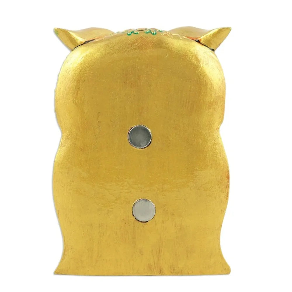 Traditional Painted Kadam Wood Magnet of a Golden Owl 'Golden Sage'