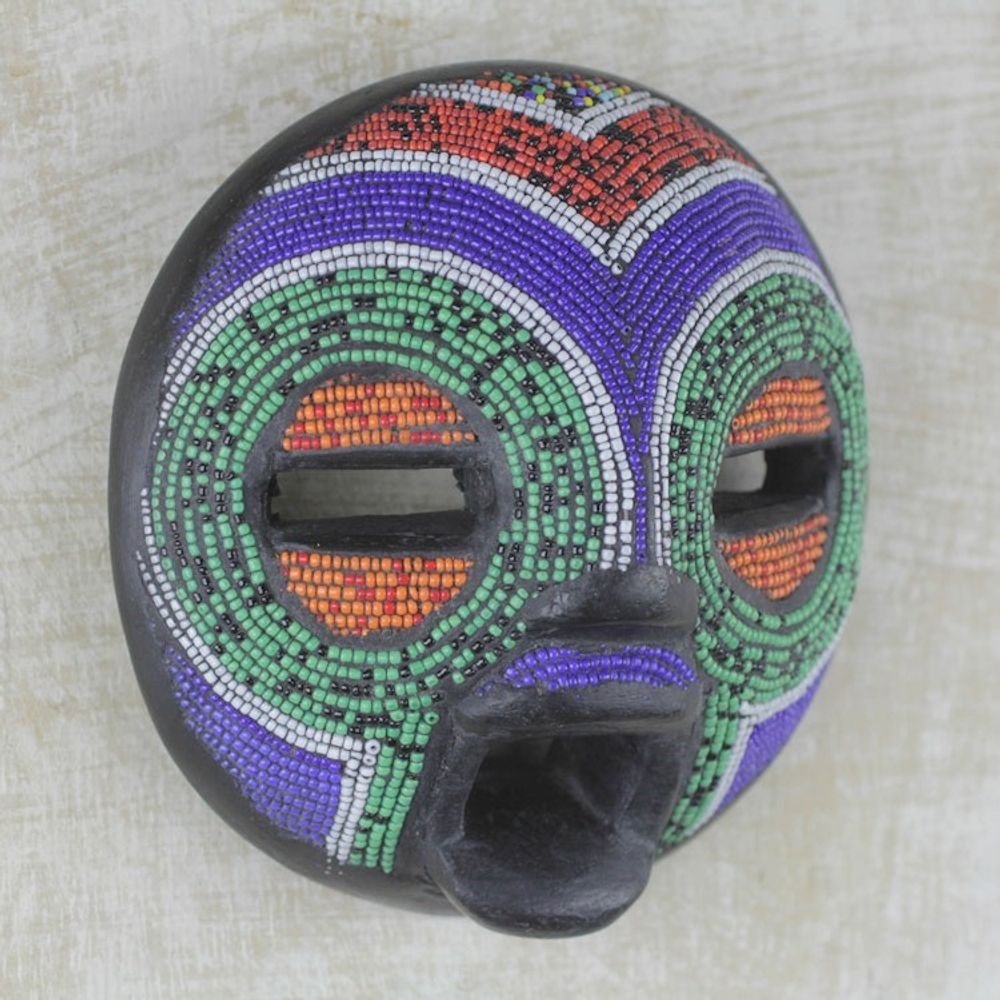 Multi-Colored Recycled Glass Bead and Sese Wood African Mask 'Rainbow Greeting'