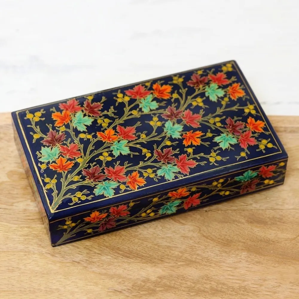 Hand-Painted Papier Mache Box with Tree Motif 'Festive Trees in Blue'