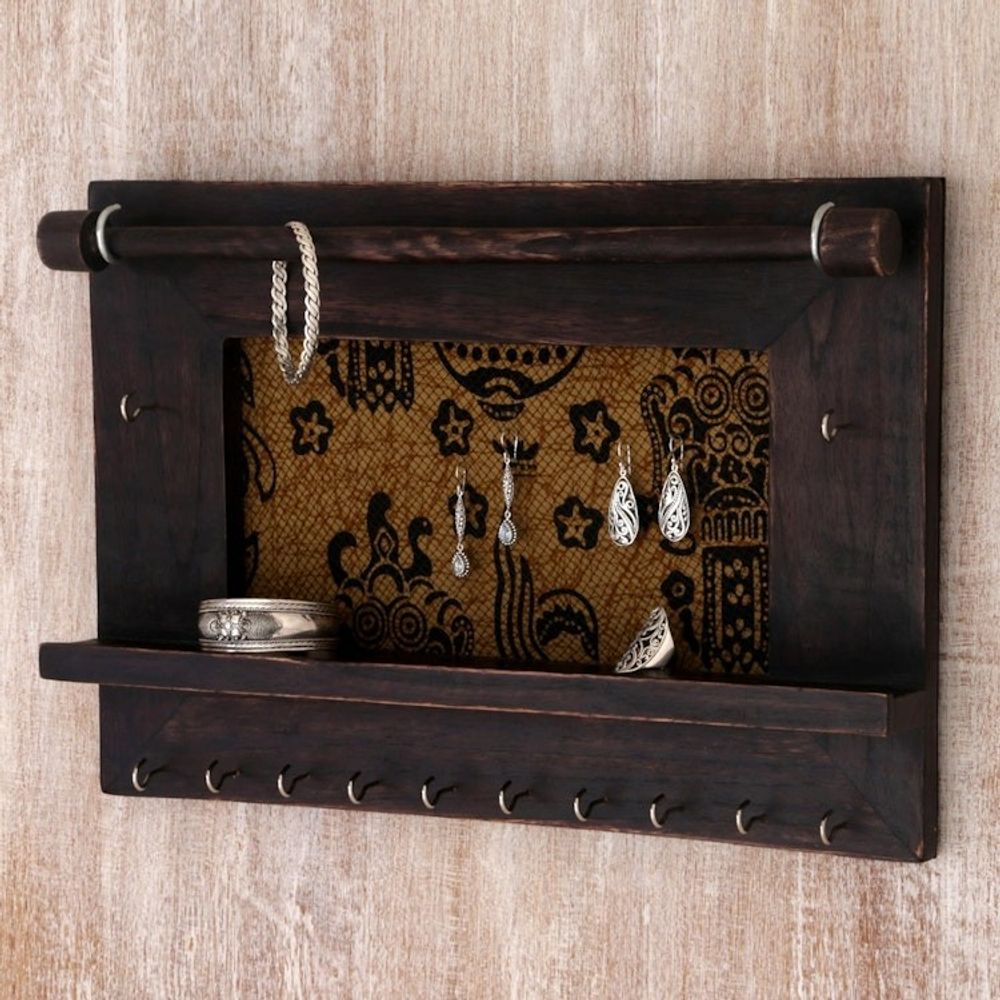 Hand Crafted Jewelry Display Wall Panel in Wood and Cotton 'Tegalalang Heritage in Brown'