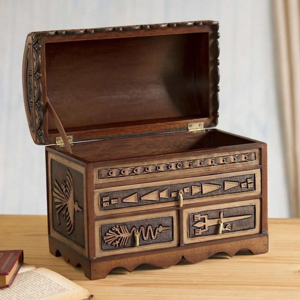 Nazca Pattern Leather and Cedar Wood Jewelry Chest from Peru 'Nazca Mysteries'