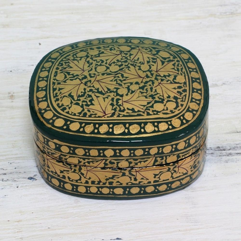 Green and Gold Papier Mache Decorative Box from India 'Graceful Viridescence'