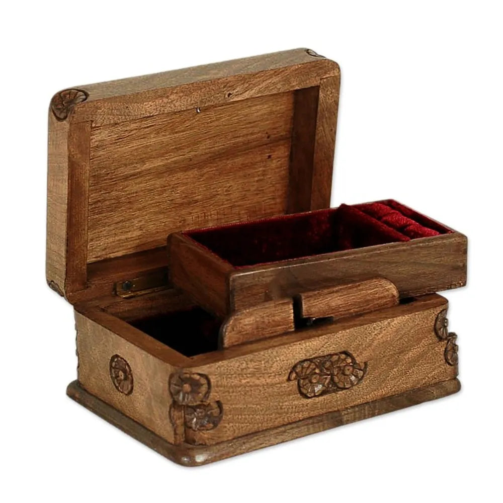 Hand Carved Floral Wood Jewelry Box 'Treasured Roses'