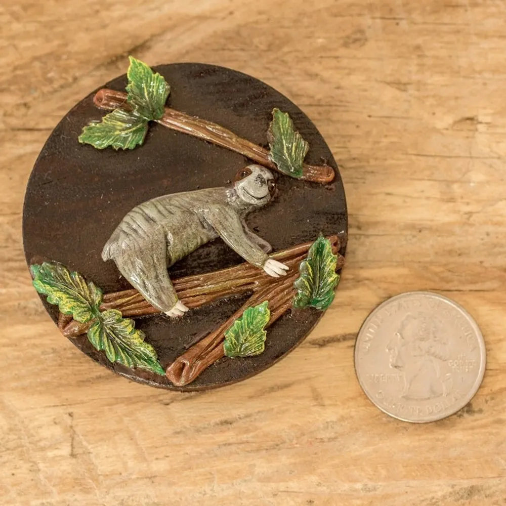 Handcrafted Painted Pinewood and Cold Porcelain Sloth Magnet 'The Tropical Sloth'