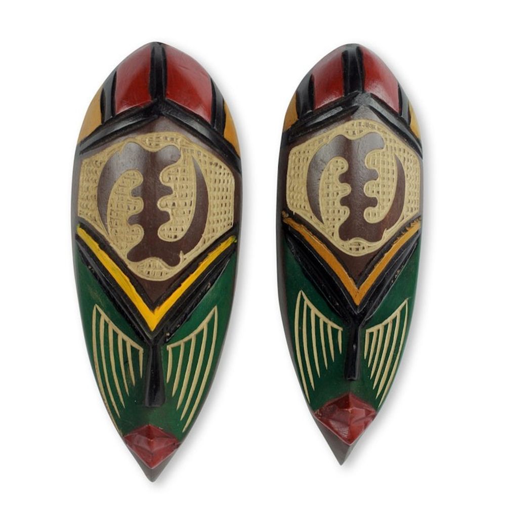 Hand Carved and Painted Adinkra Symbol Masks Pair 'None But God'