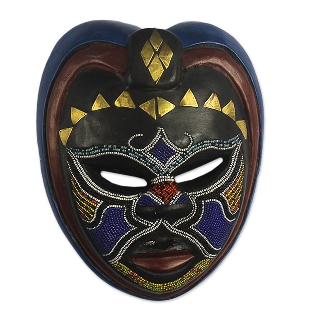African Wood Wall Mask with Brass and Beading 'Kande'
