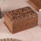 Hand Carved Walnut Wood Jewelry Box 'Birds in Wonderland'