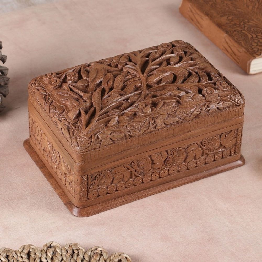 Hand Carved Walnut Wood Jewelry Box 'Birds in Wonderland'