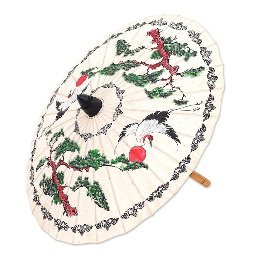 Hand-Painted White Crane Motif Saa Paper Decorative Parasol 'Morning Cranes'