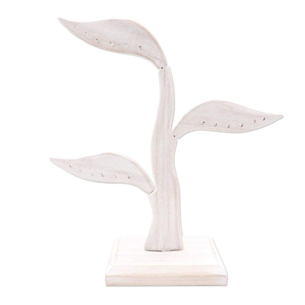 White Jempinis Wood Leaf-Themed Jewelry Holder 10 Inch 'Daun Salam in White'