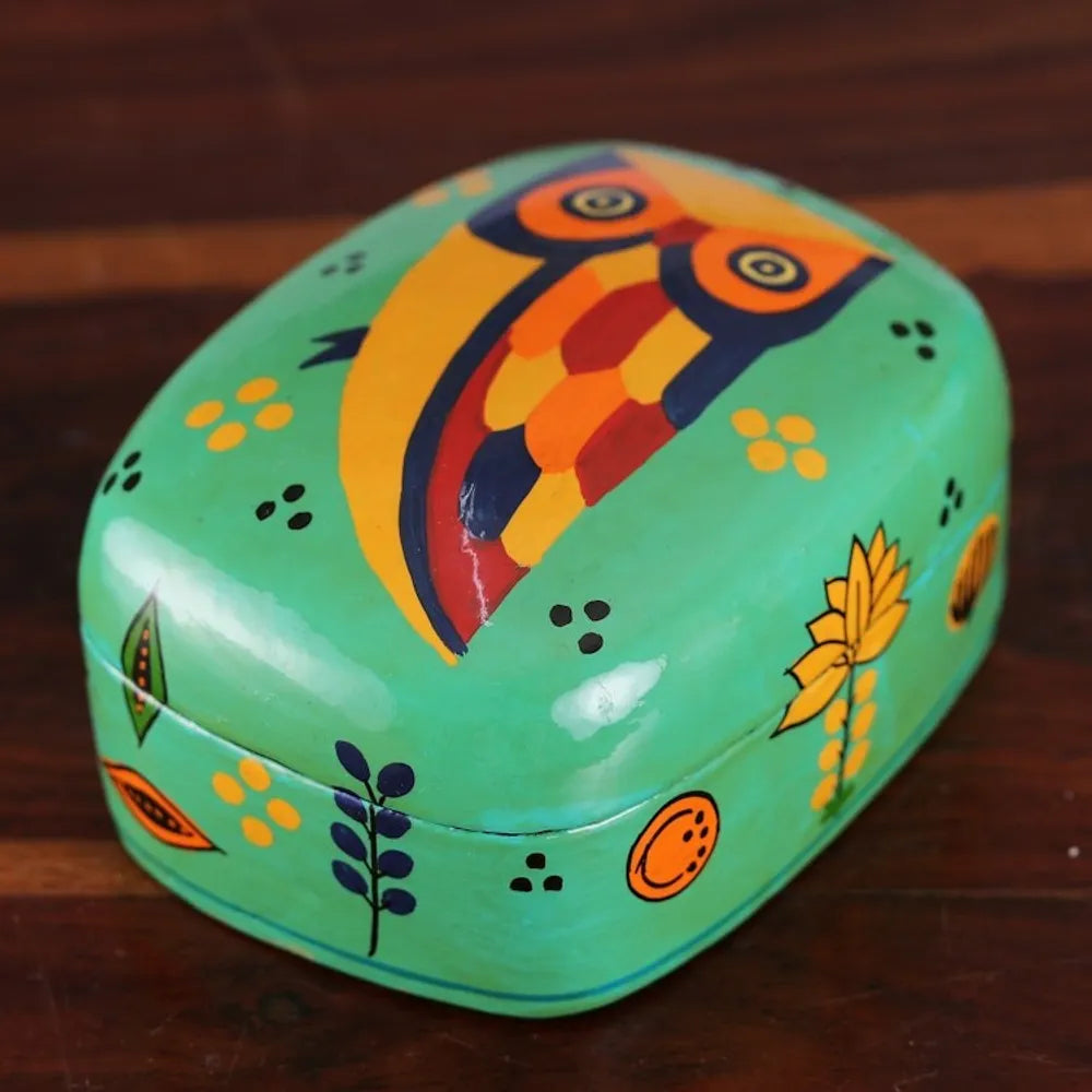 Papier Mache Owl-Motif Pen Holder 'Owl Story in Teal'