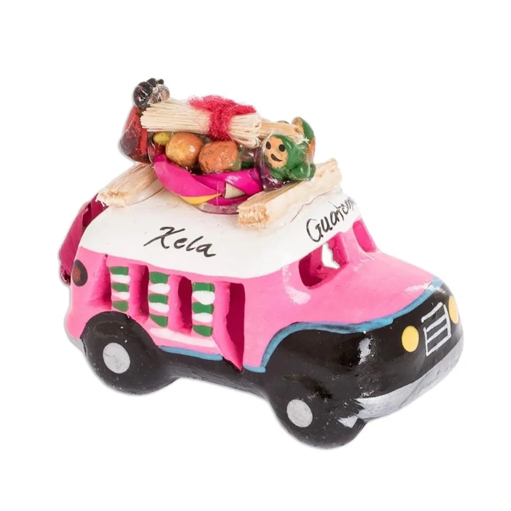 2.5 Inch Pink Ceramic Mini Bus Figurine from Guatemala 'Pink Old Time Bus'