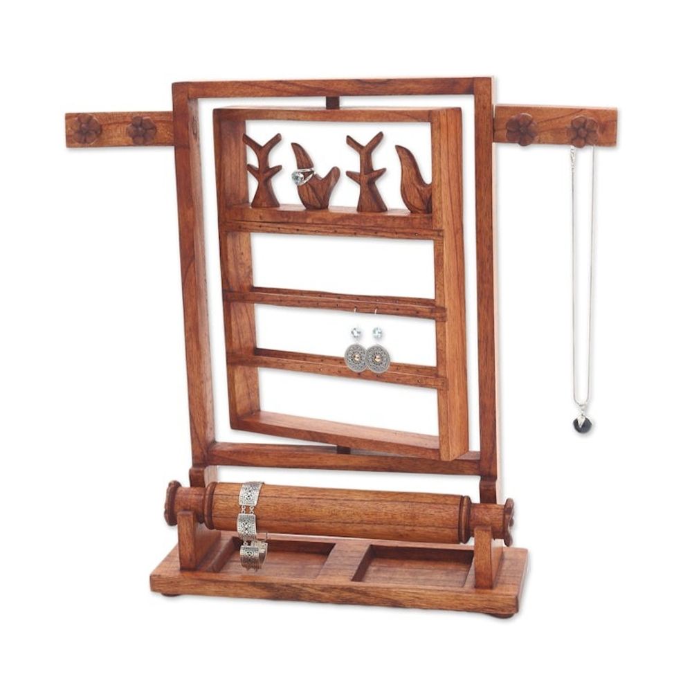 Floral Jempinis Wood Jewelry Stand in Brown from Bali 'Serene Forest in Brown'