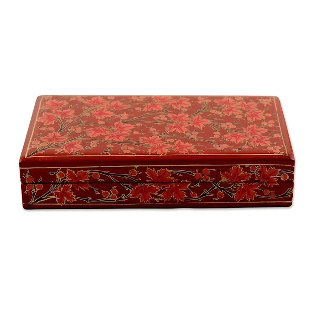 Hand-Painted Decorative Papier Mache Box from India 'Festive Trees in Red'