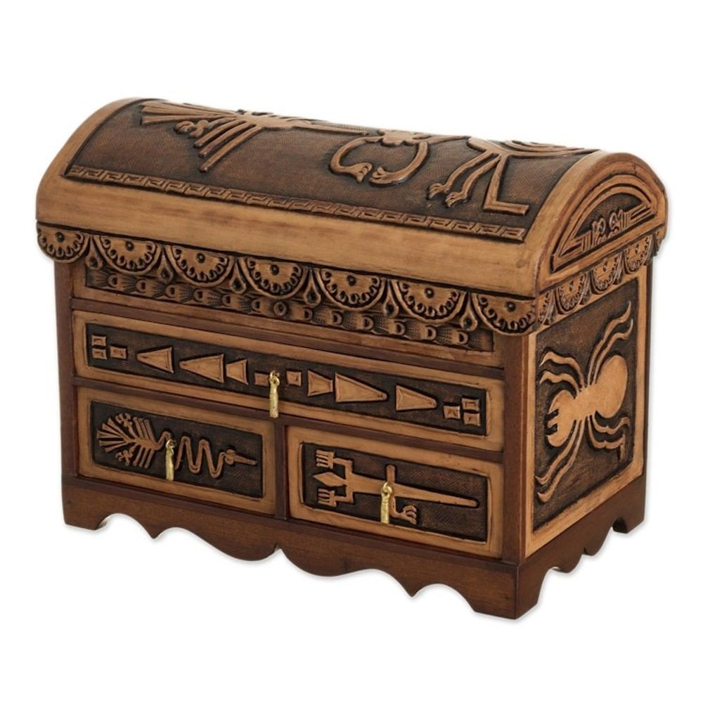 Nazca Pattern Leather and Cedar Wood Jewelry Chest from Peru 'Nazca Mysteries'