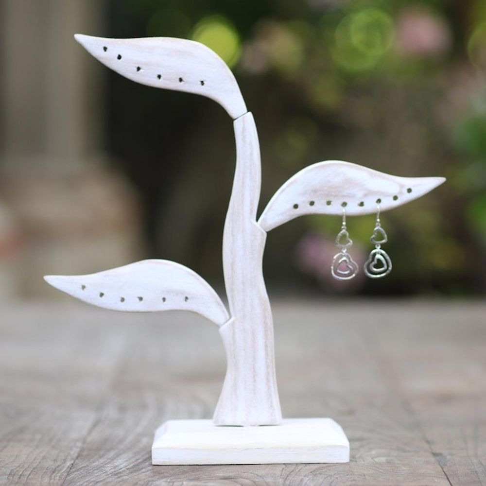 White Jempinis Wood Leaf-Themed Jewelry Holder 10 Inch 'Daun Salam in White'