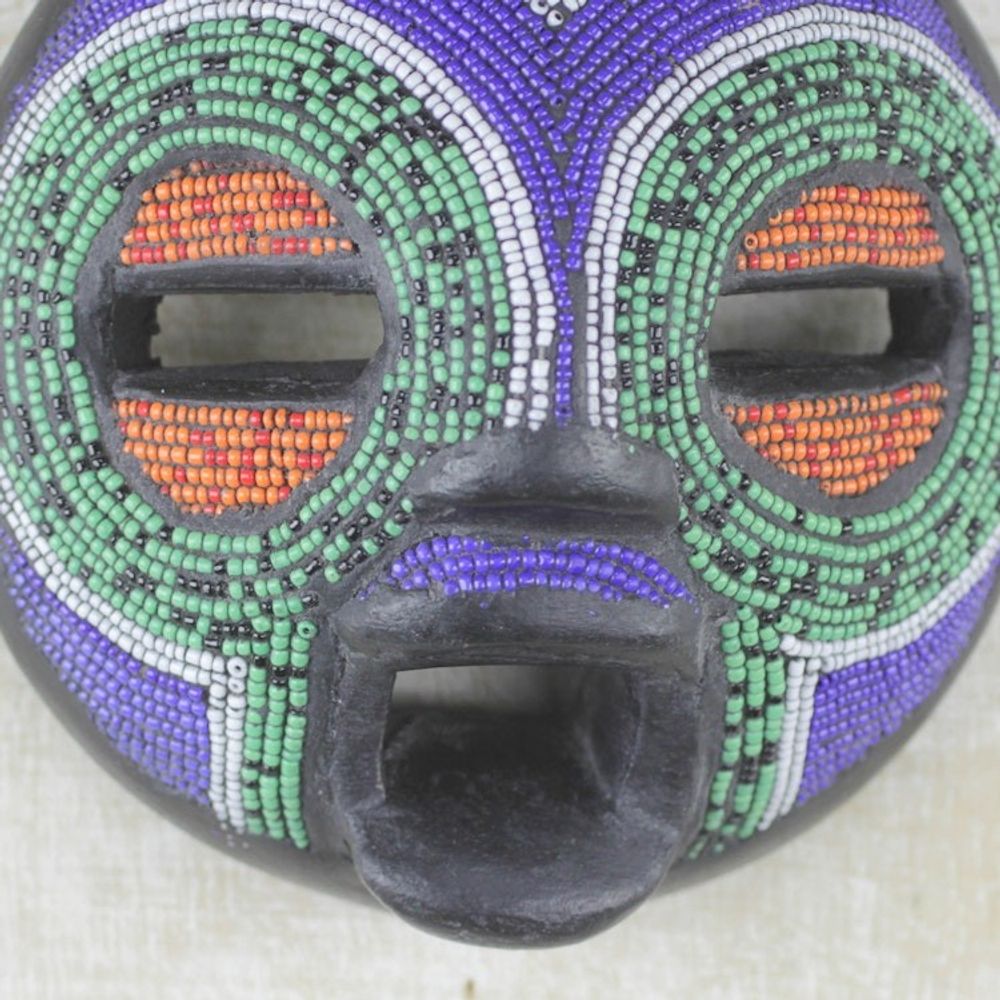 Multi-Colored Recycled Glass Bead and Sese Wood African Mask 'Rainbow Greeting'