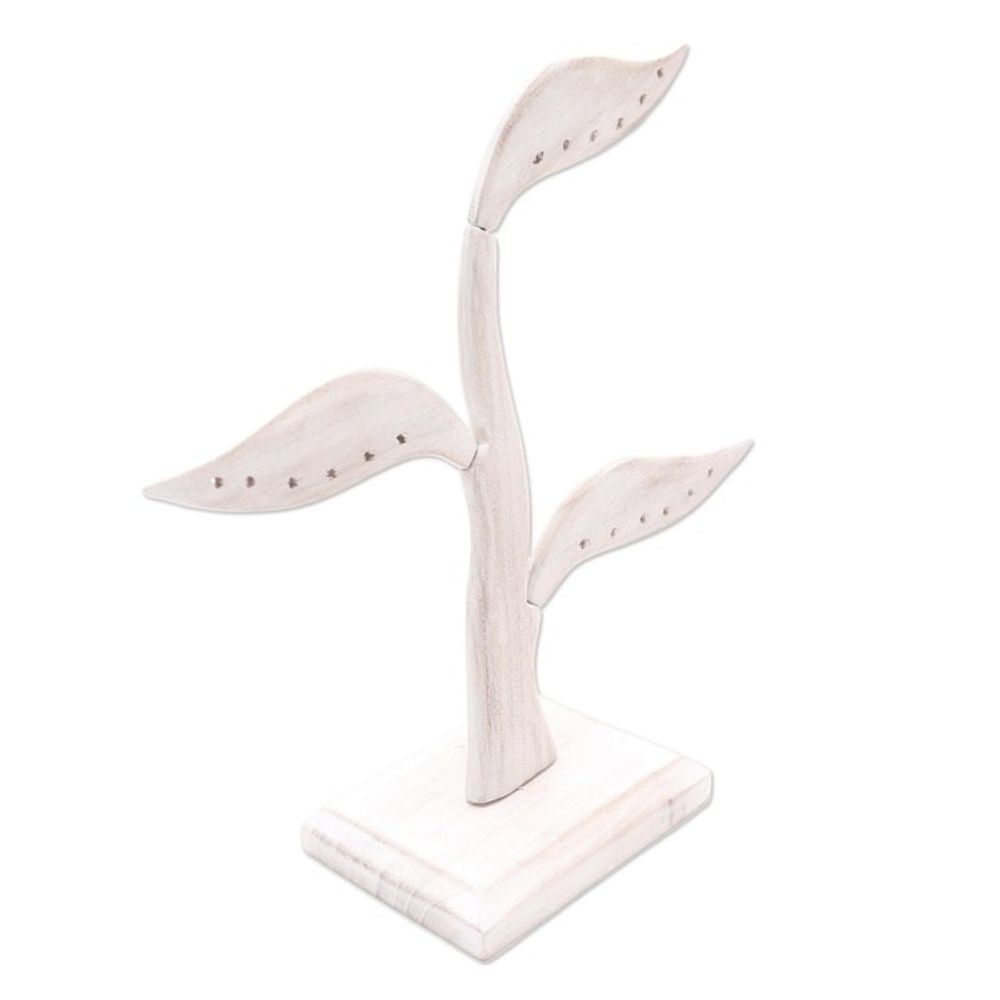 White Jempinis Wood Leaf-Themed Jewelry Holder 10 Inch 'Daun Salam in White'