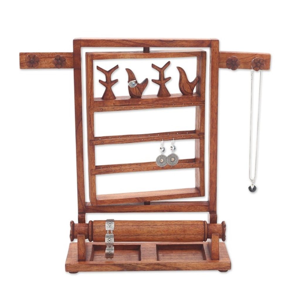 Floral Jempinis Wood Jewelry Stand in Brown from Bali 'Serene Forest in Brown'