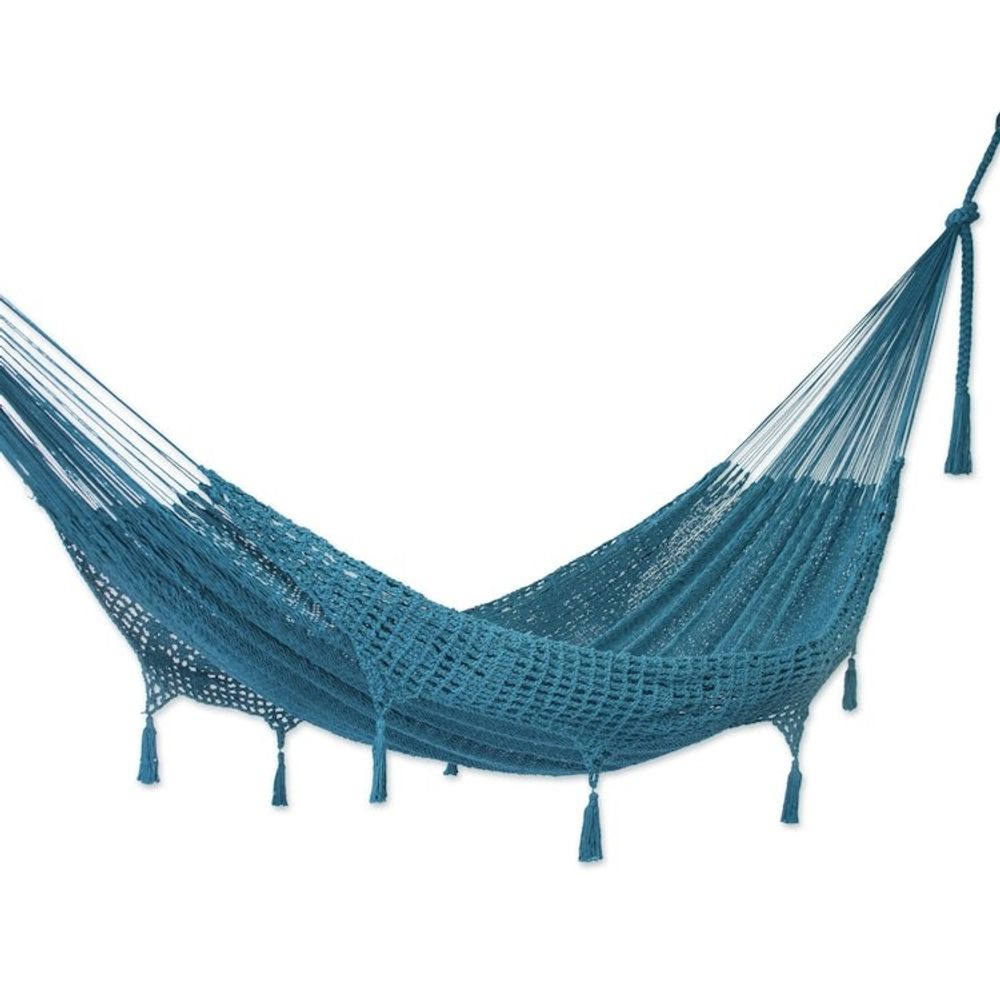 Handwoven Teal Cotton Hammock Double from Mexico 'Veranda in Teal'