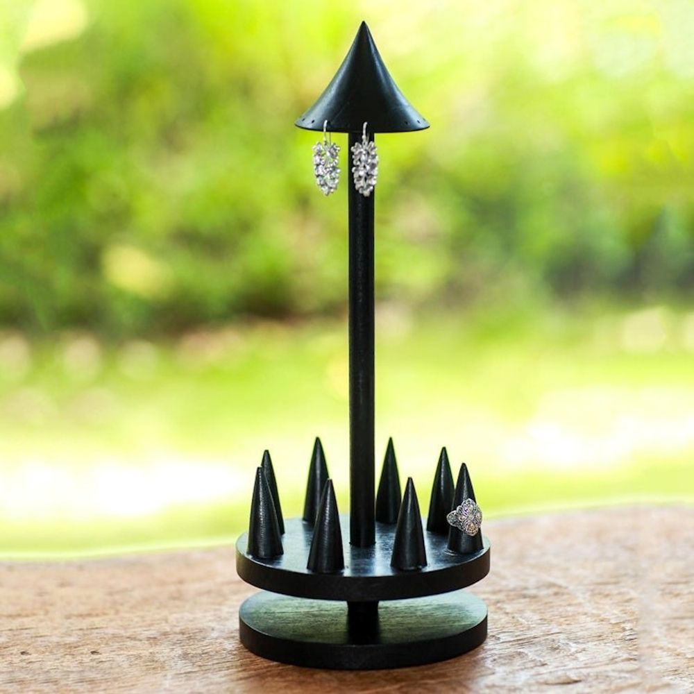 Artisan Crafted Jempinis Wood Jewelry Holder 'Black Umbrella'