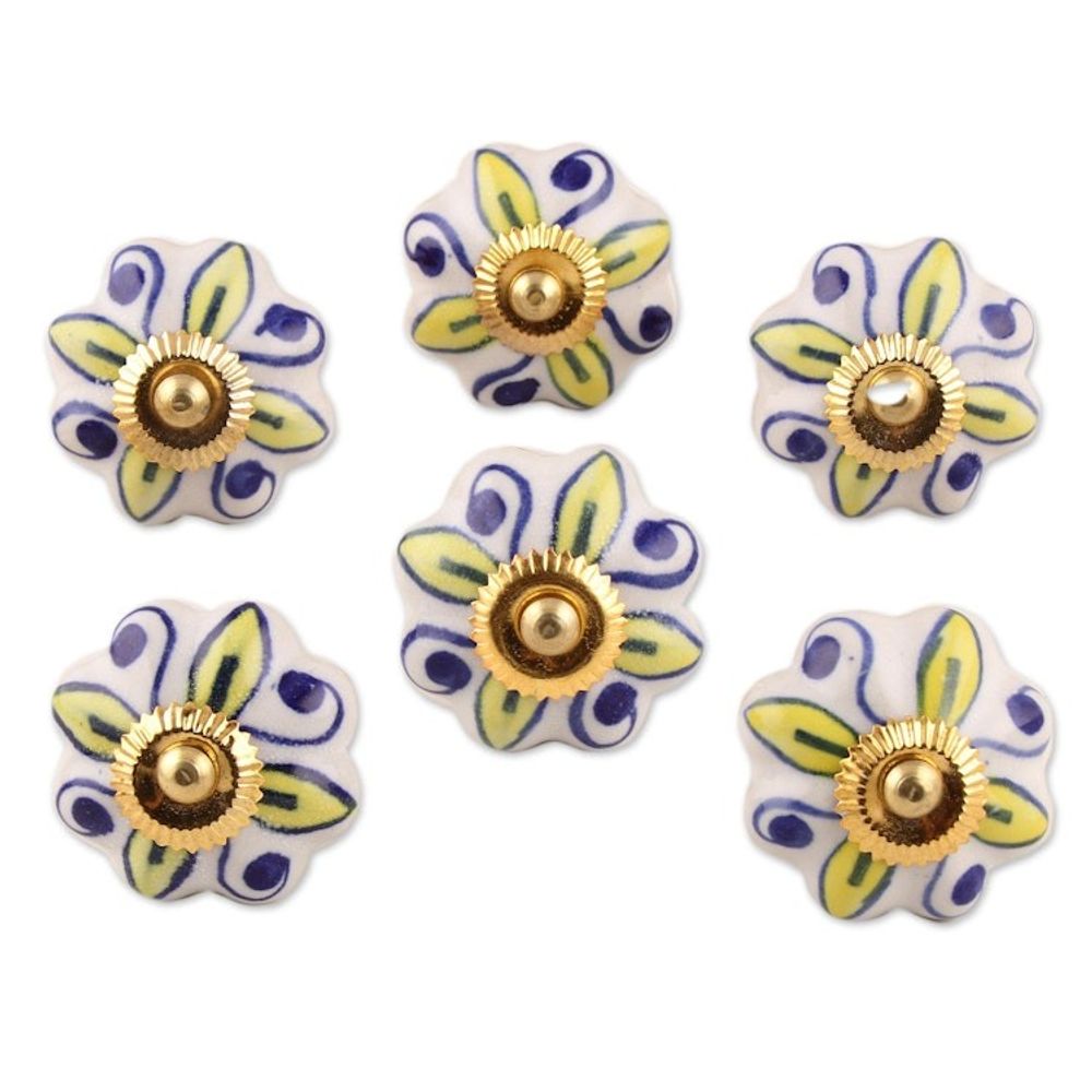 Ceramic Cabinet Knobs Floral Yellow White Set of 6 India 'Bright Sunshine'