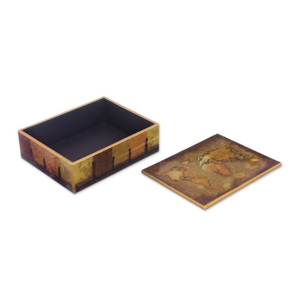 Golden World Map Reverse-Painted Glass Wood Decorative Box 'Cartographer's Treasure'