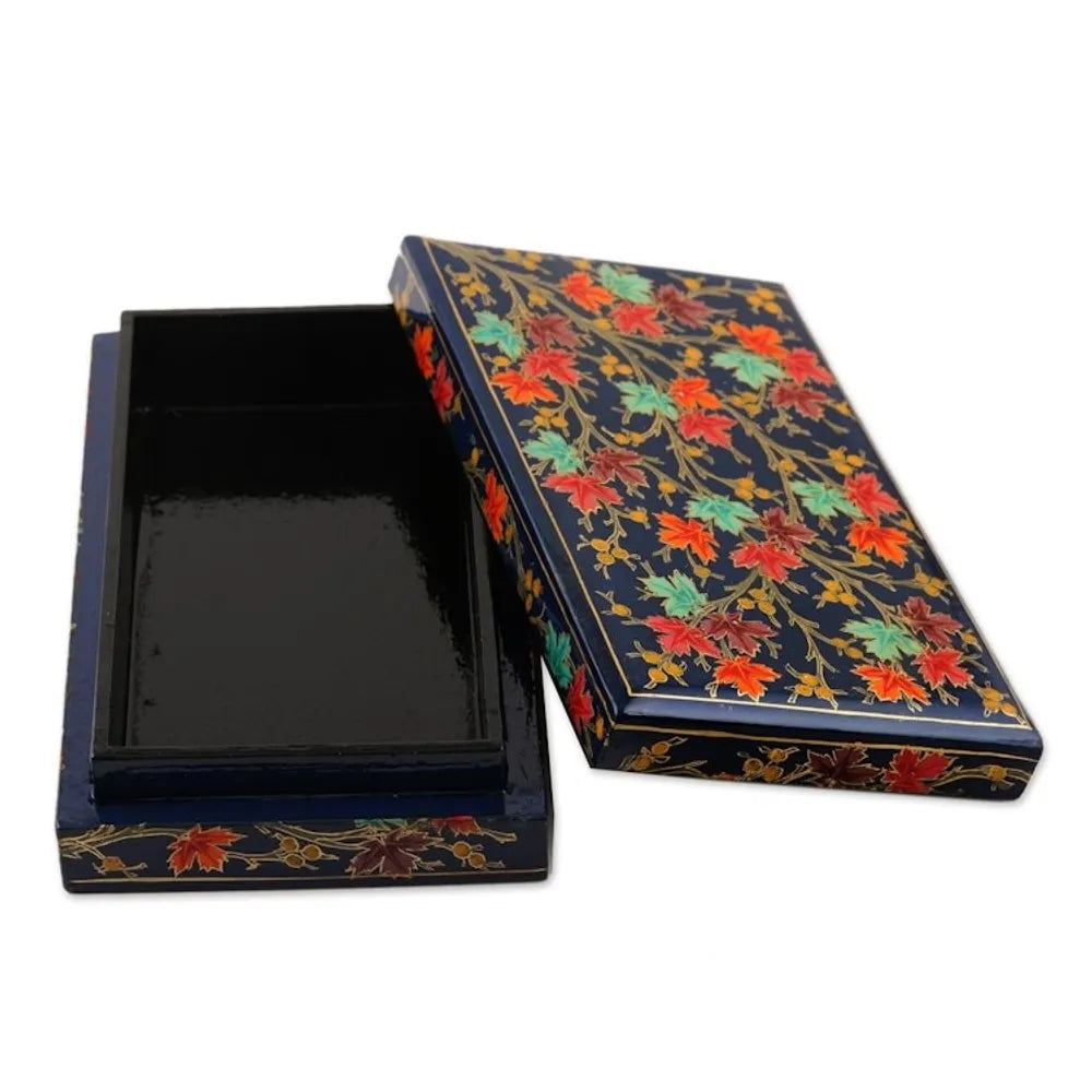 Hand-Painted Papier Mache Box with Tree Motif 'Festive Trees in Blue'