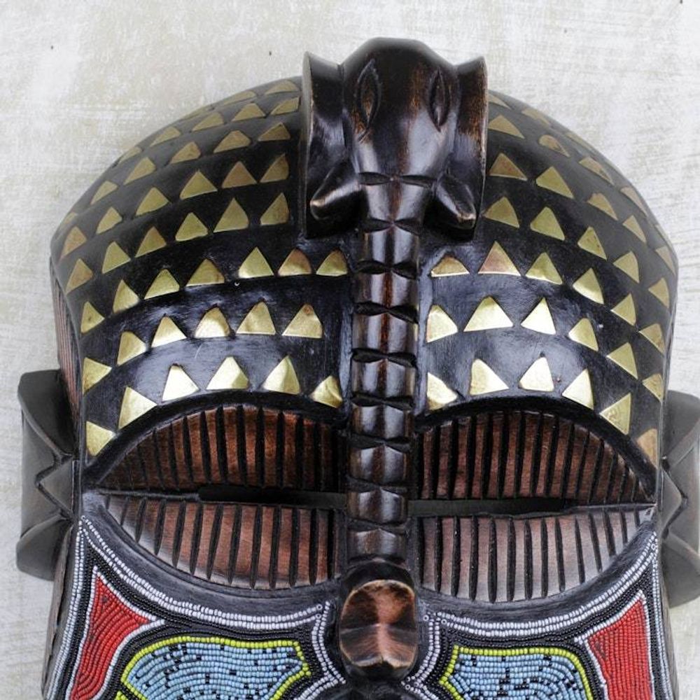 Elephant Themed Wood Mask with Brass and Glass Beads 'Akyiglinyi'