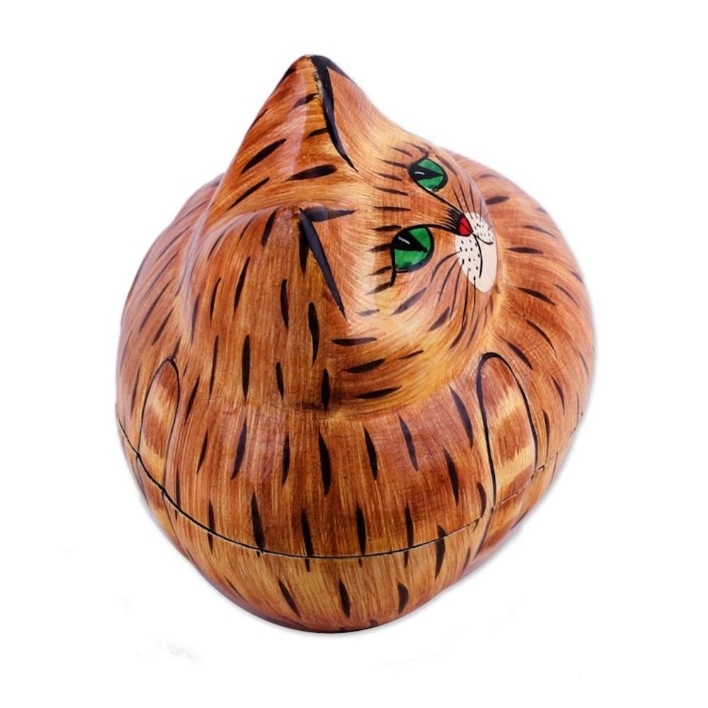 Brown Papier Mache Cat Decorative Box from India 'Comfy Cat'