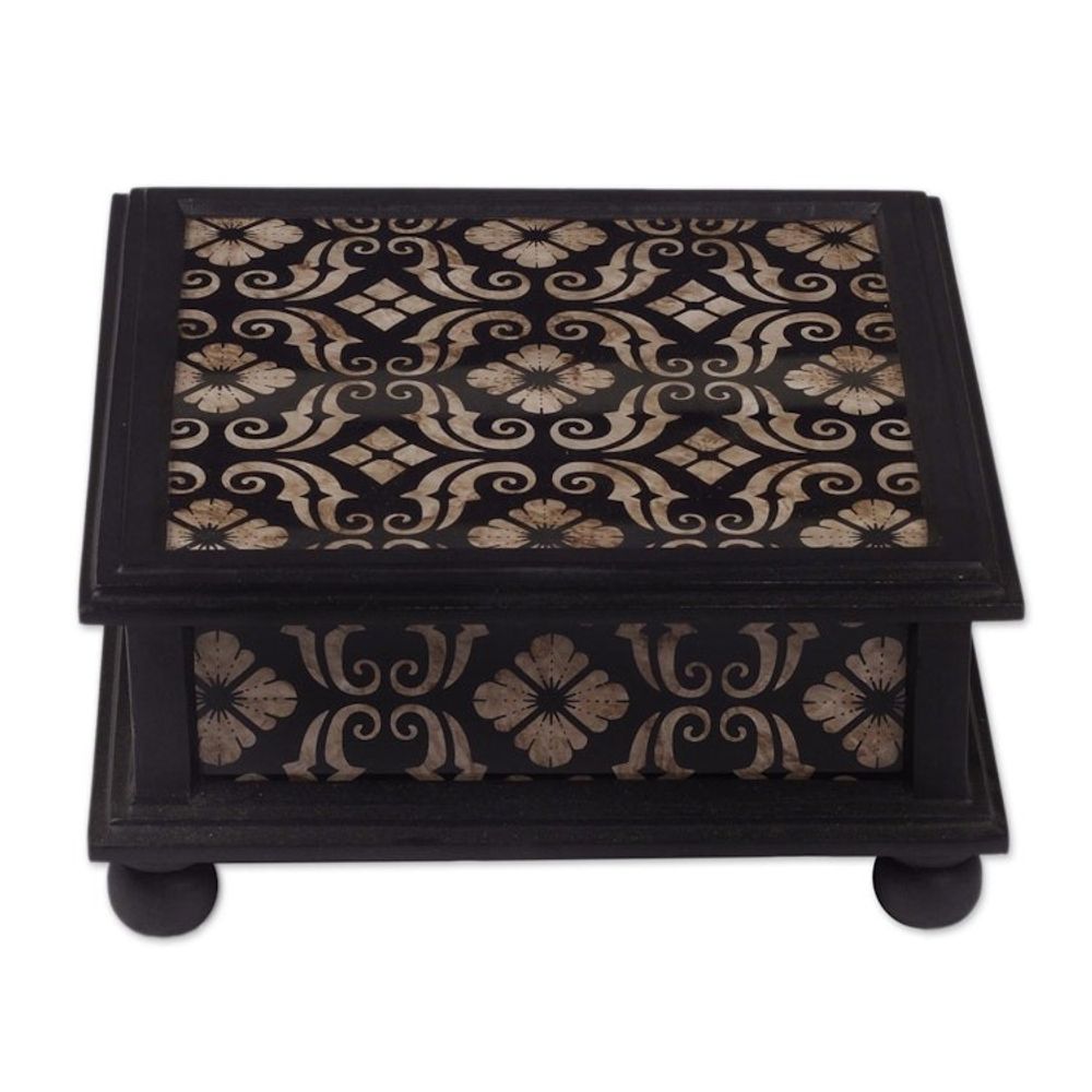 Peruvian Reverse Painted Glass Jewelry Box 'Silver Blossoms'