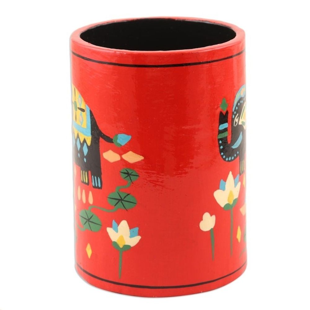 Papier Mache Elephant-Motif Pen Holder 'Tale of the River'