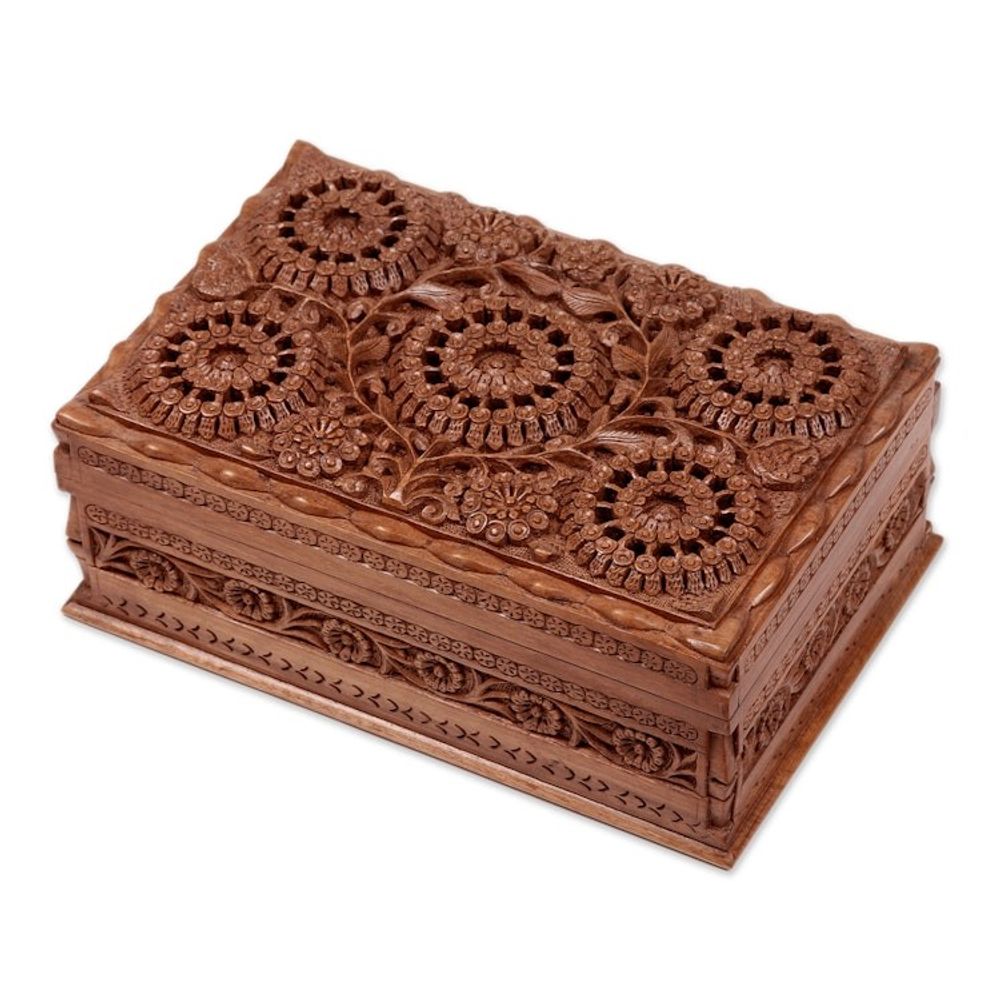 Hand Carved Floral Wood Jewelry Box 'Sunflower Mandalas'