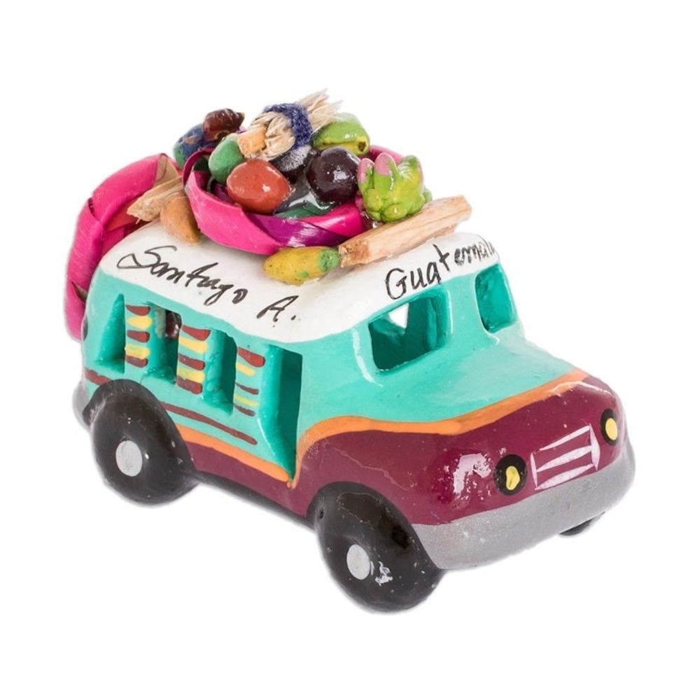 Green and Brown Ceramic Mini Bus Decoration from Guatemala 'Brown and Turquoise Old Tim...'