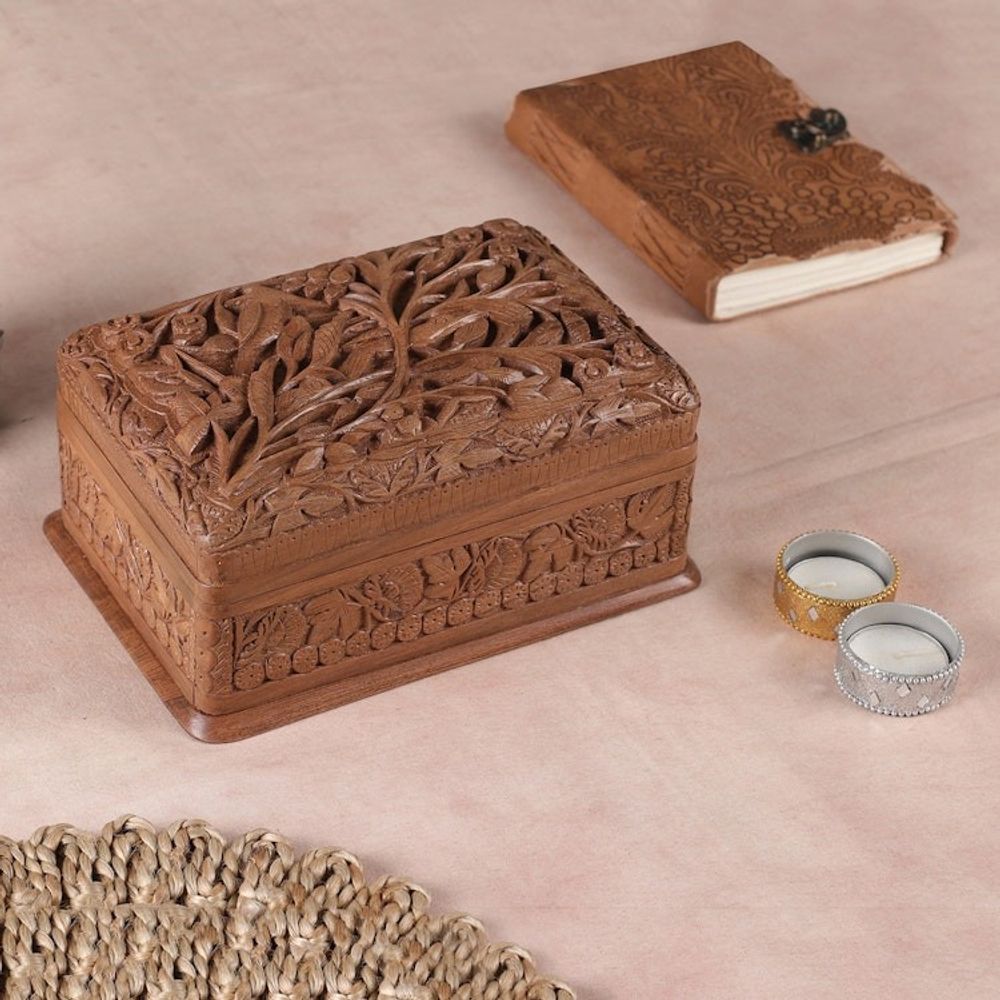 Hand Carved Walnut Wood Jewelry Box 'Birds in Wonderland'