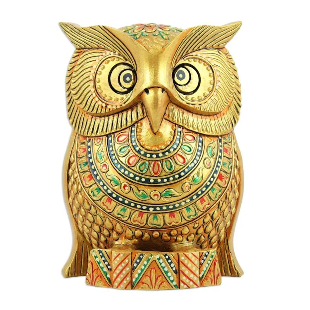 Traditional Painted Kadam Wood Magnet of a Golden Owl 'Golden Sage'