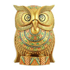 Traditional Painted Kadam Wood Magnet of a Golden Owl 'Golden Sage'