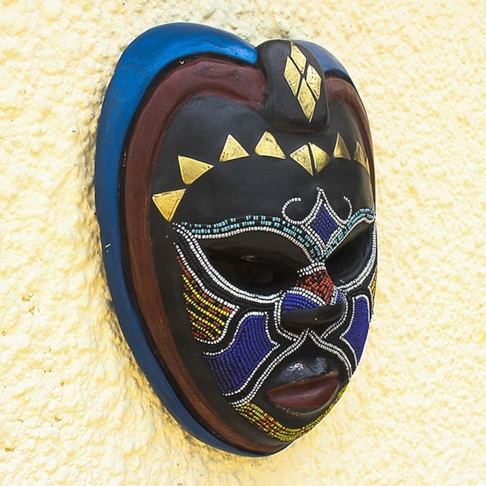 African Wood Wall Mask with Brass and Beading 'Kande'