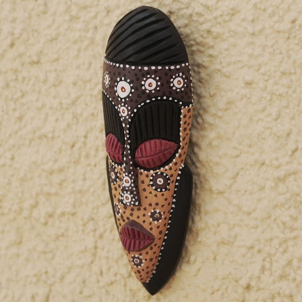 Sese Wood African Wall Mask with Floral Motif 'Young and Free'