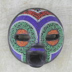 Multi-Colored Recycled Glass Bead and Sese Wood African Mask 'Rainbow Greeting'