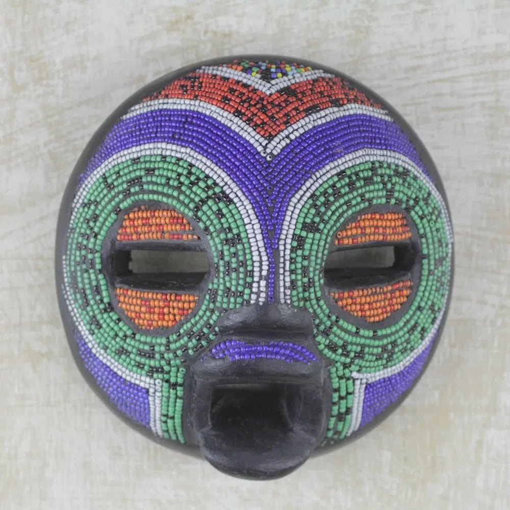 Multi-Colored Recycled Glass Bead and Sese Wood African Mask 'Rainbow Greeting'