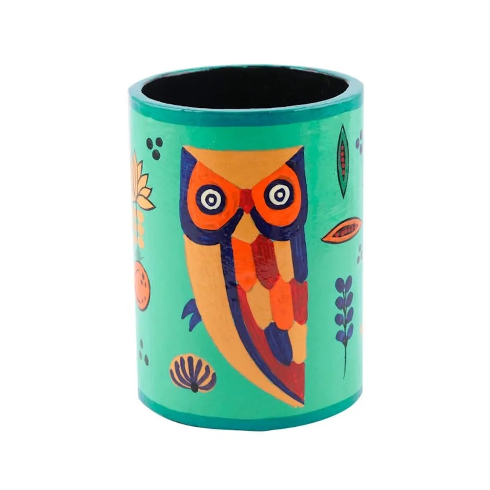 Papier Mache Owl-Motif Pen Holder 'Owl Story in Teal'