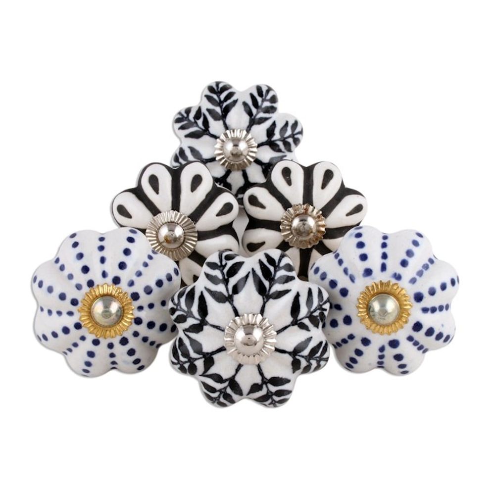 Floral Ceramic Knobs with Hand-Painted Designs Set of 6 'Flowery Union'